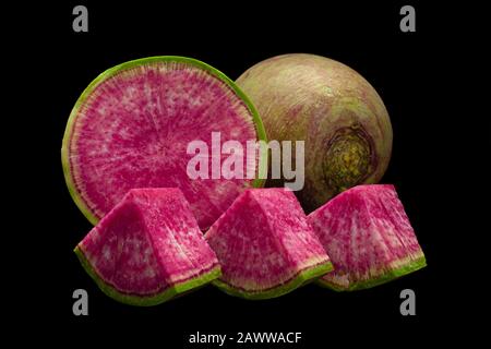 Watermelon radish closeup isolated on black background Stock Photo