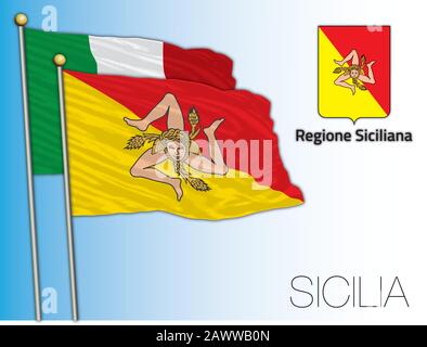 Sicily or Sicilia official regional flag and coat of arms, Italy, vector illustration Stock Vector