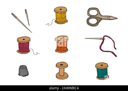 Sewing items set. Vector illustration. Threads, thimble scissors needles Stock Vector