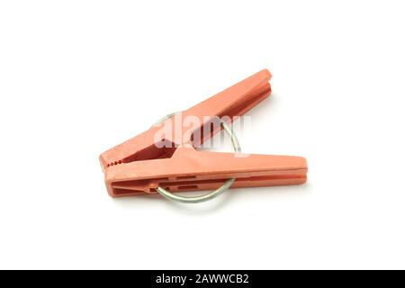 Plastic old linen clothespin isolated on white background Stock Photo