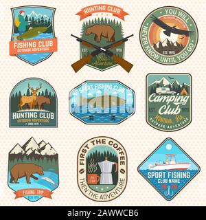 Set of hunting club and hiking club badge. Vector. Concept for shirt or  logo, print, stamp. Vintage design with rv trailer, camping tent, boar,  deer, bear and forest silhouette Stock Vector Image