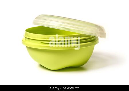 Plastic utensils with a lid for food isolated on white Stock Photo