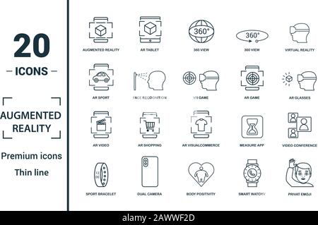 Ar And Vr icon set. Include creative elements augmented reality, 360 view, face recognition, augmented reality glasses, shopping icons. Can be used Stock Vector