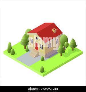 Isometric country house on green ground with trees. The poster for sale the real estate, construction and leased concept and billboard. Vector Stock Vector