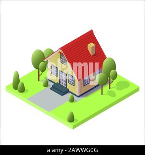 Isometric country house on green ground with trees. The poster for sale the real estate, construction and leased concept and billboard. Vector Stock Vector