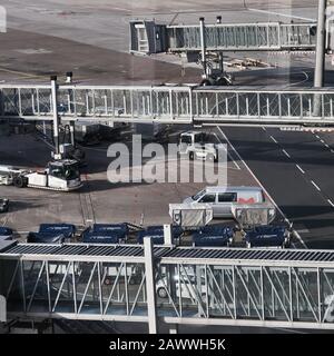 Hannover, Germany, February 8., 2020: View over three fingers at the terminal. Glass tunnels through which passengers can walk into the interior of th Stock Photo
