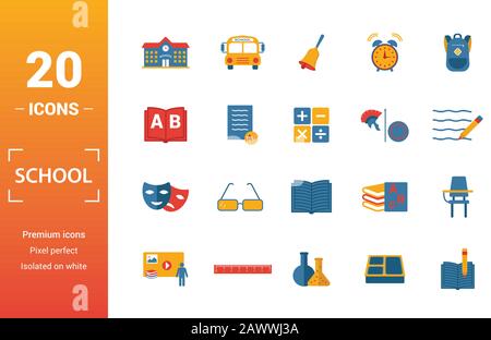 School icon set. Include creative elements school, bell, alphabet, history, art icons. Can be used for report, presentation, diagram, web design Stock Vector