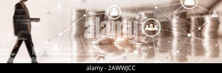 Background conceptual image with social connection lines on panoramic fone. Stock Photo