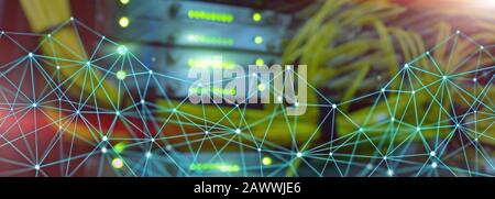Visual Effect Connection network in servers data center room. Elongated horizontal background. Stock Photo