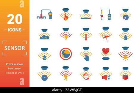 Sensor icon set. Include creative elements water quality sensor, smoke detector, gas, rain sensor, humidity sensor icons. Can be used for report Stock Vector