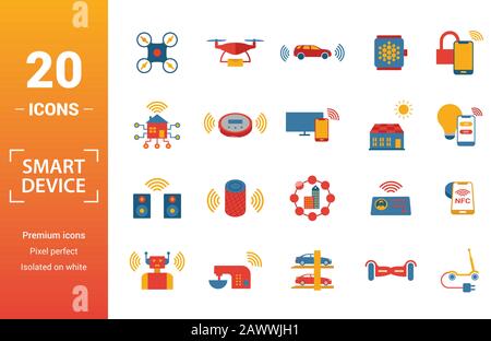Smart Devices icon set. Include creative elements drone, smart car, smart house, solar battery roof, smart speaker icons. Can be used for report Stock Vector