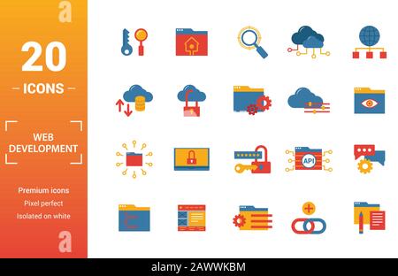 Web Development icon set. Include creative elements key search, seo, cloud storage, cloud management, network connection icons. Can be used for report Stock Vector