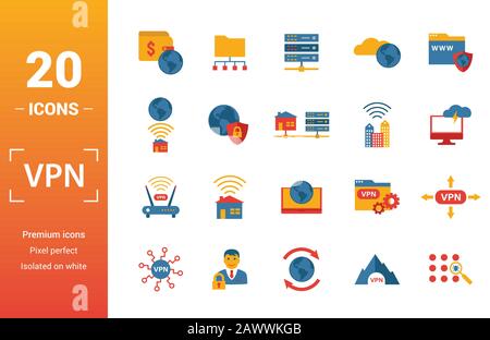 Vpn icon set. Include creative elements , archiving, site security, home server, cloud storage hacking icons. Can be used for report, presentation Stock Vector