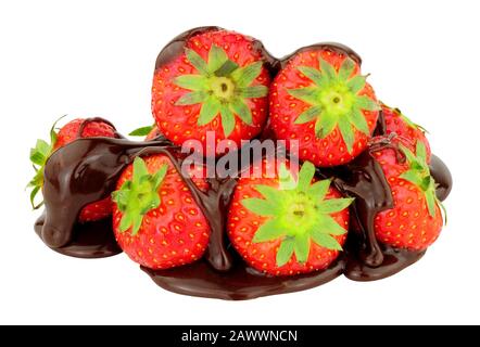 Fresh strawberries with melted chocolate sauce isolated on a white background Stock Photo
