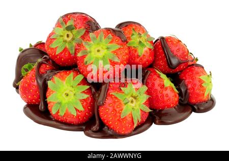 Fresh strawberries with melted chocolate sauce isolated on a white background Stock Photo