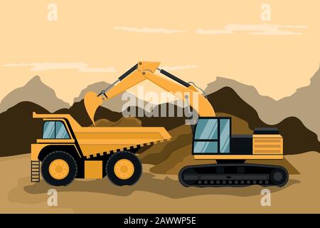 Mining truck and caterpillar backhoe doing construction and mining work Stock Vector
