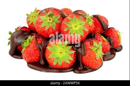 Fresh strawberries with melted chocolate sauce isolated on a white background Stock Photo