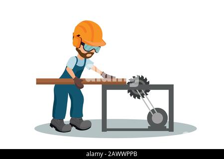 Male carpenter cutting a wooden plank with industrial safety equipment. Industrial saw design Stock Vector
