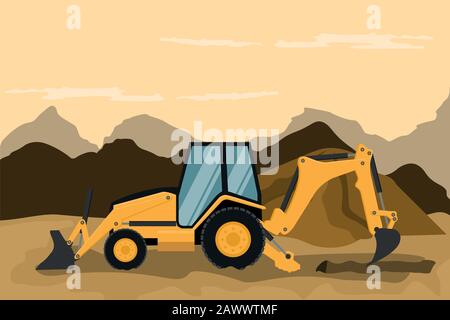 Retro excavator doing construction and mining work. Heavy machinery Stock Vector