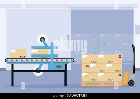 Automatic industrial packing and sealing box production line Stock Vector
