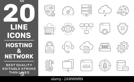Web hosting and Network icons set. Technology outline icons pack. Perfect thin line vector icons for web design and website application. Editable Stock Vector