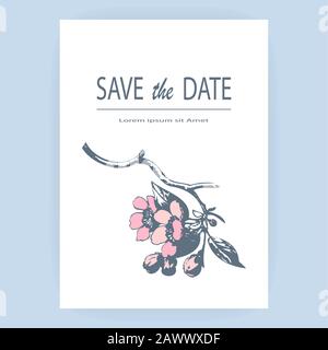 Hand drawn sakura pink blossom flowers and leaves on branches on white background, vintage style pastel color vector illustration, Botanical drawing c Stock Vector
