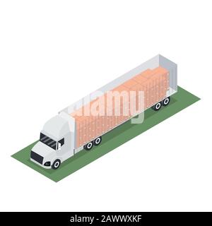 Isometric trailer design with container for export with pallet Stock Vector