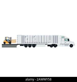 Design of container trailer with forklifts lifting pallet Stock Vector