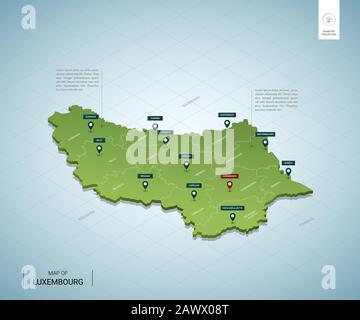 Stylized map of Luxembourg. Isometric 3D green map with cities, borders, capital, regions. Vector illustration. Editable layers clearly labeled. Engli Stock Vector