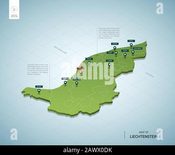 Stylized map of Liechtenstein. Isometric 3D green map with cities, borders, capital, regions. Vector illustration. Editable layers clearly labeled. En Stock Vector