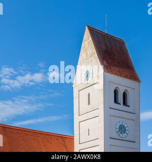 Municipal Germering, District Fürstenfeldbruck, Upper Bavaria, Germany: Details of Church Tower of Kirche St. Jakob Stock Photo