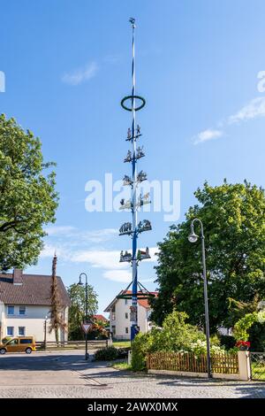 Municipal Germering, District Fürstenfeldbruck, Upper Bavaria, Germany: Maypole, Maibaum in Unterpfaffenhofen Municipal Germering, District Fürstenfeldbruck, Upper Bavaria, Germany: Maypole, Maibaum in Unterpfaffenhofen