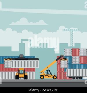 Container port terminal design for export. Container trucks working Stock Vector