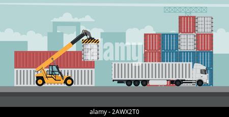Container port terminal design background for export. Container trucks working Stock Vector