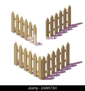 Wooden isometric fences. 3D realistic icons. Design elements isolated on white background. Vector illustration. Stock Vector