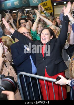 Dublin, Ireland. 9th Feb 2020. General Election Results. Pictured Sinn Fein president mary Lou McDonald celebrates after being elected at the General Election 2020 Count centre  in Dublin Photo: Leah Farrell/RollingNews.ie Credit: RollingNews.ie/Alamy Live News Stock Photo