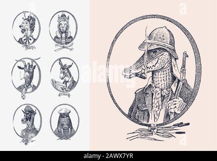 Animal characters set. Crocodile safari hunter Llama Deer lady Walrus Goat Dog Donkey Alpaca. Hand drawn portrait. Engraved monochrome sketch for card Stock Vector