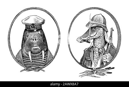 Animal character. Walrus sailor and crocodile safari hunter or alligator. Hand drawn marine portrait. Engraved old monochrome sketch for card, label Stock Vector