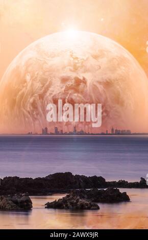Science fiction book cover template - fantasy landscape of modern city skyline with rocks on the foreground and huge alien planet rising in orange sky Stock Photo