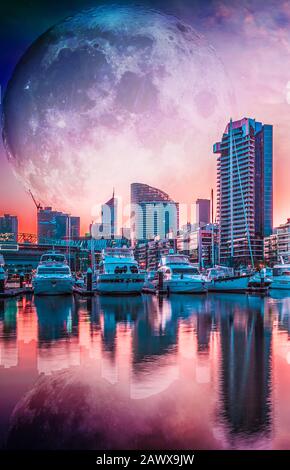 E-book cover template. Landscape of the future - high rise buildings and moored yachts with huge alien planet in the sky reflecting in water. Elements Stock Photo