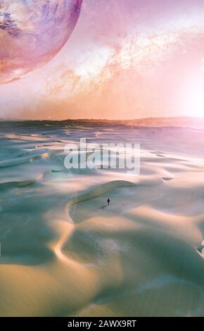 Book cover template format. Alien landscape of sunrise over pristine sand dunes with lonely person walking. Elements of this image furnished by NASA Stock Photo