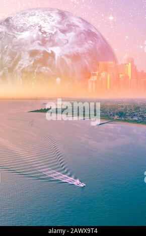 Fantasy aerial landscape - boat sailing near ocean coastline with modern city skyline and alien planet rising on the horizon. Book cover template desi Stock Photo