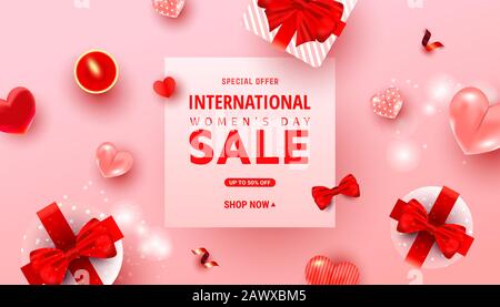 International Womens Day sale banner or card of surprise gifts, candle, heart balloons, candle and greeting text. Beautiful minimal composition Stock Vector