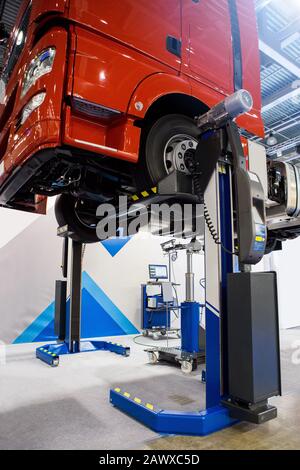 Truck on a lift in a car service Stock Photo