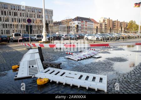 Nuremberg, Germany. 10th Feb, 2020. Barrier grids blown over by the storm 'Sabine' lie on the ground. Credit: Daniel Karmann/dpa/Alamy Live News Stock Photo