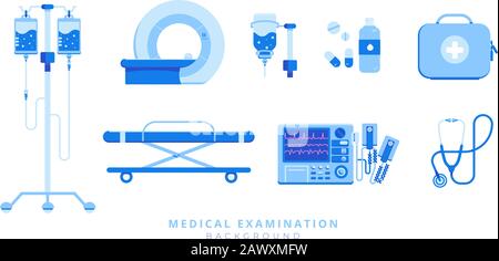 Emergency medical care equipment set of Ambulance stretcher, defibrillator, injection, MRI, stethoscope, first aid kit, intravenous infusion isolated on white background Stock Vector