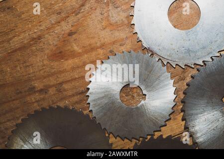 Circular saw blades. carpentry tools. industrial background. equipment for sawmill and sawing wooden products Stock Photo