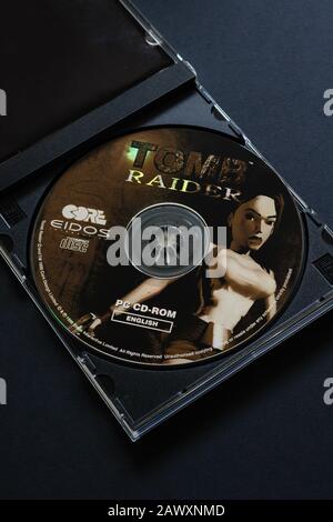 The original Tomb Raider PC game from 1996 an action-adventure video game developed by Core Design and published by Eidos Interactive featuring the pr Stock Photo