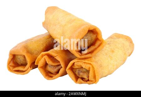 Crispy Chinese spring rolls isolated on a white background Stock Photo