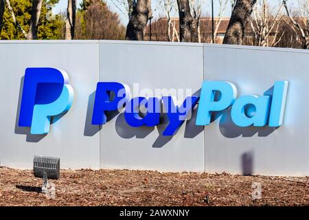 Feb 7, 2020 San Jose / CA / USA - Close up of PayPal logo at their headquarters in Silicon Valley; PayPal Holdings Inc. is an American company operati Stock Photo
